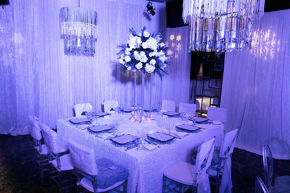 Dining room décor included snowflake gobo lights